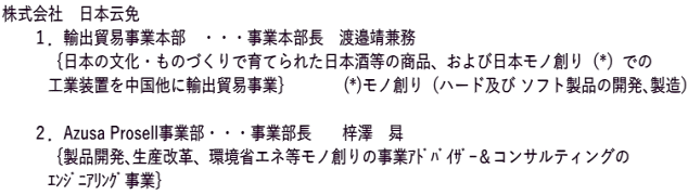 株式会社　日本云免　 　　１．輸出貿易事業本部　・・・事業本部長　渡邉靖兼務 　　　｛日本の文化・ものづくりで育てられた日本酒等の商品、および日本モノ創り（*）での 　　　工業装置を中国他に輸出貿易事業｝　　　 (*)モノ創り（ハード及び ソフト製品の開発､製造）  　　２．Azusa Prosell事業部・・・事業部長　　梓澤　曻 　　　｛製品開発､生産改革、環境省エネ等モノ創りの事業ｱﾄﾞﾊﾞｲｻﾞｰ＆コンサルティングの 　　　ｴﾝｼﾞﾆｱﾘﾝｸﾞ事業｝ 